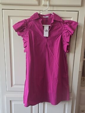 Oh Fuchsia Pink Ruffle-Sleeve Mini Dress